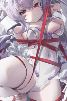 1girl absurdres bodystocking bound breasts cameltoe covered_navel detached_sleeves frills gloomyowl goddess_of_victory:_nikke hand_on_own_ankle highres knee_up latex leotard liberalio_(nikke) medium_breasts pointing pointing_at_self purple_hair red_eyes red_ribbon ribbon solo tied_up_(nonsexual) white_bodystocking white_leotard