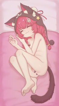 1girl :3 animal_ears animal_hat anndrezs anus ass barefoot braid cat_ears cat_tail censored cleft_of_venus closed_eyes closed_mouth completely_nude feet flat_chest full_body hair_ornament hat loli long_hair lying nanally_(fluffy_flying_tiger)_(nte) nanally_(nte) neverness_to_everness nipples novelty_censor nude official_alternate_costume on_side pussy red_hair sleeping smile soles solo tail toes twin_braids