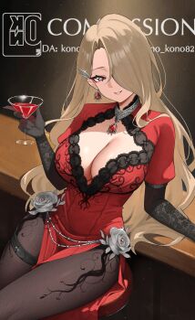 1girl absurdres bar_(place) black_gloves black_pantyhose blonde_hair breasts chair character_request check_character cleavage cocktail_glass commission cup dress drinking_glass earrings elbow_gloves gloves grey_eyes highres holding holding_cup jewelry kono_(xerondan321) large_breasts long_hair necklace on_chair original pantyhose red_dress sitting solo very_long_hair