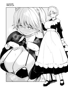 1girl artist_name bikini blush breasts broom closed_mouth commentary_request dated grey_background highres holding holding_broom kichihachi large_breasts looking_at_viewer maid maid_bikini maid_headdress monochrome multiple_views original shoes smile standing sweat swimsuit two-tone_background unconventional_maid white_background