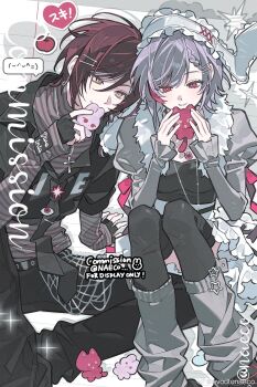 1boy black_hair blush character_request check_copyright commentary_request copyright_request danganronpa_(series) dress evodtonaeco flower gloves highres maid_headdress multicolored_hair multiple_boys red_eyes red_hair