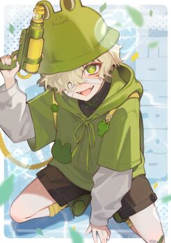 1boy 9csgi :d bandage_over_one_eye bandaid bandaid_on_knee bandaid_on_leg blonde_hair boots bright_pupils brown_shorts bucket_hat crossed_bandaids fangs florian_brand florian_brand_(leonard) frog_hat full_body green_boots green_eyes green_hoodie hair_over_one_eye hat highres holding holding_water_gun hood hood_down hoodie identity_v kneeling layered_sleeves long_sleeves looking_at_viewer male_focus official_alternate_costume open_mouth protected_link puffy_sleeves shirt short_over_long_sleeves short_sleeves shorts smile socks solo symbol-shaped_pupils tongue tongue_out water_gun wavy_hair white_pupils white_shirt yellow_socks