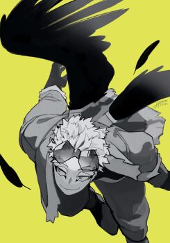 1boy boku_no_hero_academia coat eyewear_on_head feathers flying greyscale_with_colored_background hawks_(boku_no_hero_academia) highres horocca long_sleeves male_focus pants short_hair sideways_glance simple_background smile solo wings yellow_background