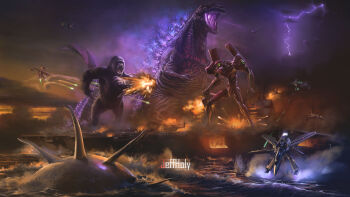 Rule 34 | absurdly long tail, absurdres, afterburner, aircraft, aircraft carrier, airplane, alternate height, animal, ape, artistic error, attack, battle, cloud, cloudy sky, crossover, duel, e-2 hawkeye, electricity, energy, epic, eva 02, evangelion (mecha), explosion, f-35 lightning ii, fighter jet, fire, firing, flying, fog, gainax, gerwalk, giant, giant monster, glowing, glowing eyes, glowing mouth, glowing spikes, godzilla, godzilla (series), godzilla (shin), gorilla, green eyes, gunpod, helicopter, highres, humanoid robot, itano circus, jeffholy, kaiju, khara (animation studio), king kong, king kong (2005), king kong (series), lightning, macross, macross zero, mecha, military, military vehicle, missile, monster, monsterverse, multiple crossover, neon genesis evangelion, night, no humans, non-humanoid robot, ocean, overcast, oversized animal, projectile trail, real life, realistic, robot, science fiction, sharp teeth, shin godzilla, ship, size difference, sky, smoke, smoke trail, storm, sunset, sv-51, tail, teeth, thrusters, toho, universal studios, variable fighter, very long tail, vf-0, vf-0s, warship, water, watercraft, waves, wingnut films, yak-38