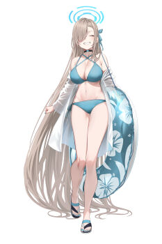 1girl asuna_(blue_archive) bikini black_choker blonde_hair blue_archive blue_bikini blue_nails blush breasts choker cleavage closed_eyes hair_over_one_eye halo holding holding_swim_ring innertube koisuke large_breasts lips long_hair mole mole_on_breast nail_polish off-shoulder_robe one_eye_covered open_clothes open_robe robe sandals see-through_clothes see-through_robe side-tie_bikini_bottom smile solo standing swim_ring swimsuit toenail_polish toenails very_long_hair white_background