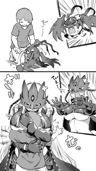 &gt;_&lt; 1boy 1girl age_difference beelstarmon belt blush breast_smother breasts closed_eyes coat commentary_request creature cropped_vest crossed_bandaids crying digimon digimon_(creature) eye_mask face_to_breasts fangs gloves highres hug kneeling large_breasts leather leather_pants long_hair mask monochrome navel nekomaru_(nekko_11kf00) onee-shota open_mouth pants picodevimon shirt short_hair short_sleeves sidelocks standing stomach streaming_tears tears third_eye tight_clothes tight_pants underboob vest