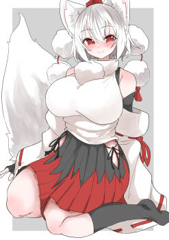 absurdres animal_ears black_gloves black_skirt black_socks blush border breasts closed_mouth commentary fingerless_gloves full_body gloves grey_background hat highres huge_breasts inubashiri_momiji looking_at_viewer pleated_skirt pom_pom_(clothes) red_eyes red_hat red_skirt regua ribbon-trimmed_sleeves ribbon_trim shirt short_hair simple_background sitting skirt smile socks tail tokin_hat touhou two-tone_skirt wariza white_border white_hair white_shirt wide_sleeves wolf_ears wolf_girl wolf_tail