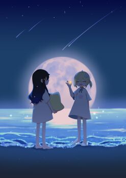 2girls :d :| aged_down arm_behind_back azusawa_kohane backlighting barefoot beach black_hair blonde_hair blue_hair blue_ribbon brown_eyes chinese_commentary closed_eyes closed_mouth collared_dress commentary_request cowlick dress facing_another full_moon glowing gradient_hair hair_between_eyes hair_ornament hand_up highres holding holding_pillow holding_star horizon kyline light_blush light_particles long_hair long_sidelocks looking_at_another moon multicolored_hair multiple_girls neck_ribbon night night_sky ocean open_mouth outdoors peter_pan_collar pillow print_dress project_sekai ribbon shiraishi_an shooting_star shore short_dress short_hair short_sleeves short_twintails sidelocks sky smile sparkle standing star-shaped_pillow star_(sky) star_(symbol) star_hair_ornament star_print starfish_hair_ornament twintails white_dress wide_shot