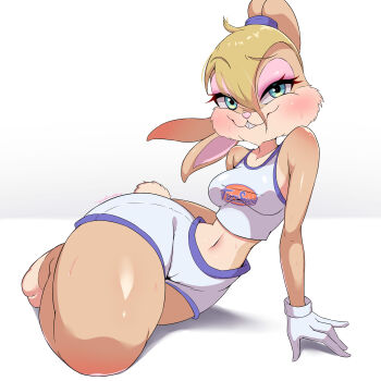 1girl absurdres animal_ears arm_support bare_shoulders barefoot bitchmotor blonde_hair blue_shirt blue_shorts blush body_fur breasts brown_fur cameltoe closed_mouth collarbone eyebrows_hidden_by_hair eyelashes female_focus full_body furry furry_female gloves green_eyes highres leaning_to_the_side lola_bunny looking_at_viewer looney_tunes medium_breasts midriff naughty_face navel rabbit_ears rabbit_girl rabbit_tail shirt short_hair shorts sitting sleeveless sleeveless_shirt smile solo space_jam tail teeth thick_thighs thighs two-tone_shirt two-tone_shorts white_gloves white_shirt white_shorts wide_hips