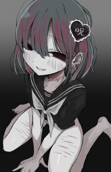 Rule 34 | 1girl, :d, absurdres, barefoot, black eyes, black sailor collar, black shirt, chest bow, from above, full body, grey hair, grin, half-closed eyes, highres, looking at viewer, no pants, noroi (rnatataki), open mouth, original, panties, pink streaks, sailor collar, scar, scar on leg, scar on neck, self-harm, shirt, short hair, smile, solo, thigh cutting, underwear, white panties