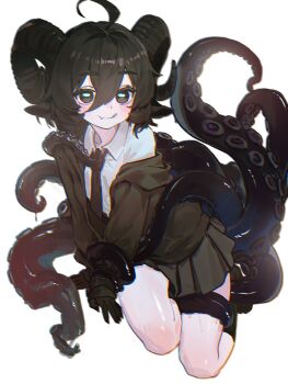 Rule 34 | 1girl, black hair, black jacket, black skirt, goat horns, highres, horizontal pupils, horns, jacket, light blush, long hair, looking at viewer, necktie, omote m0nl, original, shirt, skirt, smile, teeth, tentacles, tongue, tongue out, white shirt