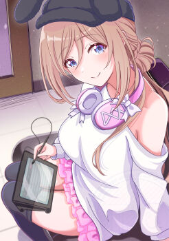 1girl absurdres black_thighhighs blue_eyes blush breasts brown_hair closed_mouth couch gakuen_idolmaster hair_bun hat headphones headphones_around_neck highres himesaki_rinami idolmaster karaoke karaoke_box large_breasts long_hair long_sleeves looking_at_viewer off_shoulder pen pink_skirt screen single_bare_shoulder single_side_bun sitting skirt smile solo sweater thighhighs tq_amatouchan white_sweater