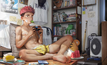 1boy absurdres bandaid bandaid_on_arm bandaid_on_cheek bandaid_on_face bandaid_on_hand bandaid_on_knee bandaid_on_leg barefoot beitemian boxer_briefs brown_eyes controller facial_mark feet feet_out_of_frame food food_in_mouth game_controller highres holding holding_controller holding_game_controller itadori_yuuji jujutsu_kaisen male_focus male_pubic_hair male_underwear navel nipples pink_hair playing_games playstation_controller popsicle pubic_hair short_hair sitting soles solo solo_focus toes toned toned_male undercut underwear yellow_male_underwear