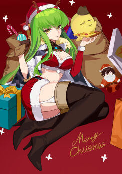 1girl absurdres bikini black_hair boots box breasts c.c. candy candy_cane character_doll cheese-kun christmas cleavage code_geass commentary doll eyelashes food gift gift_box green_hair hair_between_eyes hat high_heel_boots high_heels highres holding holding_food holding_pizza holding_sack legwear_garter lelouch_vi_britannia long_hair looking_at_viewer medium_breasts merry_christmas peacekeeper.45 pizza pizza_slice purple_eyes red_background sack santa_bikini santa_costume santa_hat smile solo star_(symbol) swimsuit thigh_boots thighhighs thighs very_long_hair yellow_eyes