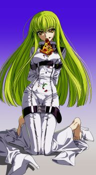 1girl absurdres arms_behind_back barefoot bodysuit breasts c.c. code_geass crumbs eating food food_in_mouth food_on_clothes gradient_background green_hair highres long_hair medium_breasts orange_eyes pizza pizza_slice straitjacket white_bodysuit yang_gallae