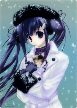 Rule 34 | 1girl, animal ears, belt, cat, cat ears, coat, female focus, gloves, hat, long hair, purple eyes, purple hair, scan, shitajiki, snow, snowing, solo, twintails, yuunagi futaba