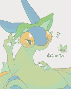 adjusting_clothes alternate_color animal_ear_hairband animal_ears bad_id bad_pixiv_id black_eyes butter_(oshi8kyoumoh) cat_ears fake_animal_ears flygon gen_3_pokemon green_hairband grey_background hairband half-closed_eyes hand_on_own_stomach hand_up japanese_text looking_afar nintendo one_ear_down open_mouth pokemon pokemon_(creature) shiny_pokemon simple_background sitting sketch sprigatito squiggle sweat translated
