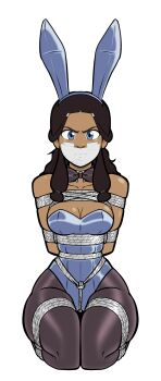 1girl absurdres animal_ears arms_behind_back avatar:_the_last_airbender avatar_legends bdsm blue_eyes blue_leotard bondage bound bound_arms bound_legs bow bowtie box_tie breast_bondage breasts brown_hair cleavage collarbone dark-skinned_female dark_skin detached_collar fake_animal_ears gag gagged highres improvised_gag katara kneeling leotard long_hair looking_at_viewer playboy_bunny rabbit_ears rope tape tape_gag wossarem
