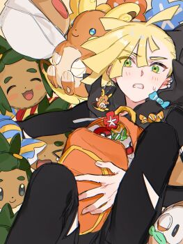 Rule 34 | > <, 1boy, ^ ^, ahoge, alolan form, alolan raichu, asymmetrical hair, backpack, bag, black hoodie, black pants, blonde hair, blush, character doll, clenched teeth, closed eyes, closed mouth, commentary, doll, dot nose, ear piercing, earrings, fua1heyvot4ifsr, gen 7 pokemon, gladion (pokemon), green eyes, green hair, grey eyes, hashtag-only commentary, hau (pokemon), highres, holding, holding bag, hood, hoodie, jewelry, long sleeves, lying, male focus, nervous sweating, nintendo, on back, open mouth, orange bag, pants, piercing, pokemon, pokemon (creature), pokemon sm, rowlet, smile, solo, sweat, teeth