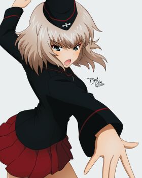 Rule 34 | 1girl, absurdres, artist name, black hat, black jacket, blue eyes, blush, breasts, collared shirt, commentary request, dated, dress shirt, dutch angle, emblem, garrison cap, girls und panzer, grey hair, hat, highres, insignia, itsumi erika, jacket, kd esler, kuromorimine (emblem), kuromorimine military uniform, long sleeves, looking at viewer, medium breasts, medium hair, military hat, military uniform, miniskirt, open mouth, pleated skirt, red shirt, red skirt, shirt, signature, skirt, solo, standing, white background, wing collar