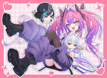 3girls :d absurdres ahoge ai_(u_e_o_o) black_boots black_bow black_choker black_shorts black_thighhighs blue_eyes boots bow cargo_pants center-flap_bangs chibi choker clothing_cutout commentary_request cropped_shirt double-parted_bangs full_body gradient_hair hair_bow hair_intakes highres hololive hololive_dev_is kikirara_vivi kikirara_vivi_(1st_costume) long_hair looking_at_viewer multicolored_hair multiple_girls open_mouth outline pants pants_tucked_in pink_hair purple_arm_warmers purple_hair purple_pants rindo_chihaya rindo_chihaya_(1st_costume) shirt shoe_soles shorts shoulder_cutout smile t-shirt teeth thigh_cutout thighhighs upper_teeth_only usada_pekora usada_pekora_(1st_costume) very_long_hair virtual_youtuber white_outline white_shirt