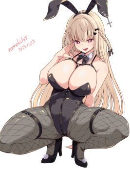 1girl animal_ears artist_name bare_shoulders black_bow black_bowtie black_leotard black_shoes blonde_hair bow bowtie braid breasts cleavage commentary_request dated detached_collar fake_animal_ears fishnet_pantyhose fishnets grey_pantyhose harugasumi_milina highres indie_virtual_youtuber kichihachi large_breasts leotard long_hair open_mouth pantyhose playboy_bunny rabbit_ears red_eyes shoes simple_background solo squatting twin_braids virtual_youtuber white_background