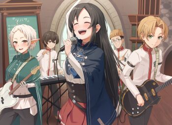 2girls 3boys absurdres ars_rg0412 belt black_corset black_hair black_pants blonde_hair blue_cloak blush breasts brown_eyes brown_hair chalkboard cliff_grimoire cloak closed_eyes closed_mouth corset drum drumsticks electric_guitar elf gloves green_cloak green_eyes guitar highres holding holding_drumsticks holding_microphone indoors instrument jacket keyboard_(instrument) long_hair looking_at_another looking_at_viewer microphone multiple_boys multiple_girls mushoku_tensei music nanahoshi_shizuka open_mouth pants pleated_skirt pointy_ears ponytail ranoa_magic_academy_school_uniform red_eyes red_skirt round_eyewear rudeus_greyrat school_uniform short_hair singing skirt small_breasts smile sylphiette_(mushoku_tensei) upper_body very_long_hair white_gloves white_hair white_jacket zanoba_shirone