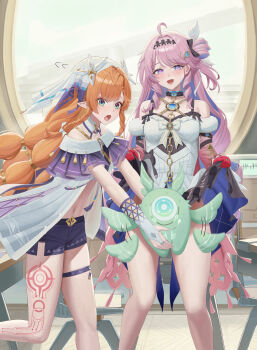 2girls absurdres ahoge bare_shoulders black_bow blue_eyes blush body_markings bow breasts bridal_gauntlets censored character_censor classroom colored_inner_hair commentary_request convenient_censoring denia_(wuthering_waves) dress flying_sweatdrops gloves green_eyes hair_bow hair_ornament highres holding indoors jacket korean_commentary lifting_own_clothes long_hair looking_at_viewer mole mole_on_crotch multicolored_hair multiple_girls naughty_face navel novelty_censor open_mouth orange_hair pink_hair pointy_ears purple_hair purple_shorts red_gloves shorts sigrika_(wuthering_waves) small_breasts smile soliskin_(wuthering_waves) soul_(smfa2555) stomach veil white_bridal_gauntlets white_dress white_jacket white_veil wuthering_waves