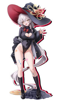 1girl absurdres black_hat black_jacket black_leotard black_shoes black_skirt black_socks blue_archive blush braid breasts brown_halo cleavage_cutout clothing_cutout commentary eri_(blue_archive) full_body hair_between_eyes halo hand_up hat heart_cutout highleg highleg_leotard highres jacket jewelry kneehighs kottungyang large_breasts leotard loafers long_hair looking_at_viewer multiple_rings open_clothes open_jacket open_mouth open_shirt outline paint_on_body paint_splatter ring shirt shoes side_halo simple_background single_braid skirt smile socks solo standing thighs unworn_skirt white_background white_hair white_outline white_shirt witch_hat