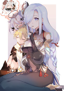 1boy 2girls absurdres aether_(genshin_impact) ahoge aqua_nails black_bodysuit black_gloves blonde_hair blue_eyes blush bodysuit braid breast_curtain breasts closed_eyes clothing_cutout covered_navel dreaming drooling earrings eyelashes finger_to_mouth genshin_impact gloves gold_trim hair_ornament hair_over_one_eye halo high_heels highres jewelry large_breasts leaning_on_person long_hair looking_at_viewer low-braided_long_hair low-tied_long_hair mechanical_halo midriff multiple_girls nail_polish outside_border paimon_(genshin_impact) partially_fingerless_gloves pink_background puffy_sleeves red_rope rope seiza shenhe_(genshin_impact) shoulder_cutout shushing sidelocks silver_hair simple_background sitting sleeping speech_bubble stomach sushi_171 tassel tassel_earrings thought_bubble white_footwear