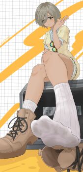 1girl absurdres boots feet foot_focus girls_band_cry grey_eyes grey_hair highres hololens looking_at_viewer medium_hair mole mole_under_eye rupa_(girls_band_cry) shoes socks soles toes unworn_boots unworn_shoes v white_socks