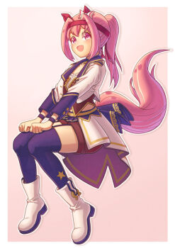 1girl animal_ears blue_choker blush bodice boots bow breasts choker collarbone commentary_request corset creape cropped_jacket ear_bow ear_covers flower-shaped_pupils flower_in_eye full_body garter_straps hairband haru_urara_(umamusume) headband highres horse_ears horse_girl horse_tail jacket long_hair midriff navel open_mouth overskirt pendant_choker pink_eyes pink_hair pink_headband ponytail purple_choker purple_garter_straps purple_thighhighs red_corset red_headband red_shorts shirt shorts smile solo star_(symbol) star_print starting_future_(umamusume) symbol-shaped_pupils symbol_in_eye tail thighhighs thighs umamusume white_boots white_jacket wristband