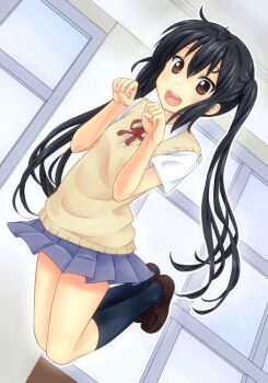 1girl black_hair black_socks brown_eyes day dot_nose female_focus full_body hair_between_eyes indoors jumping k-on! legs long_hair looking_at_viewer nakano_azusa ribbon sakuragaoka_high_school_uniform school_uniform shirt shoes short_sleeves skirt socks solo sweater_vest teeth twintails white_shirt window yellow_sweater_vest