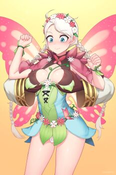 1boy 1girl absurdres ahoge assisted_exposure bare_legs blue_eyes bodystocking bracelet braid breasts butterfly_wings capelet chikaretsu cleavage commission commissioner_upload fairy fairy_wings fire_emblem fire_emblem_fates fire_emblem_heroes flower grabbing_another&#039;s_breast grabbing_from_behind groping hair_flower hair_ornament hair_vines hairband harness highres insect_wings jewelry kiran_(fire_emblem) male_kiran_(fire_emblem) leaf_bracelet long_hair low_twin_braids medium_breasts nina_(fire_emblem) nina_(resplendent)_(fire_emblem) nintendo nipples non-web_source official_alternate_costume parted_lips pink_capelet plant turtleneck twin_braids vines white_hair wings