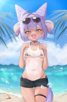 1girl absurdres ahoge beach bikini black_bikini black_shorts blue_eyes blue_sky blush braid breasts clothes_lift cone_hair_bun earrings eyewear_on_head fang fox_tail gamble_0 hair_bun hair_ornament hair_rings heterochromia highres jewelry lifting_own_clothes loli long_hair mismatched_pupils navel open_fly outdoors pom_pom_(clothes) pom_pom_hair_ornament purple_hair purple_tail see-through_clothes see-through_shirt shirt shirt_lift shorts side-tie_bikini_bottom single_earring skin_fang sky small_breasts solo stellive stomach straight-on sunglasses swimsuit tail tan tanline tenko_shibuki twin_braids virtual_youtuber water_drop yellow_eyes
