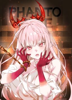 1girl absurdres artist_name bare_shoulders blurry bokeh bone breasts brown_background collarbone colored_skin commentary_request depth_of_field detached_horns english_text fingernails gradient_skin hands_up highres hololive hololive_english horns kamiya_maneki large_breasts long_hair looking_at_viewer lower_teeth_only mori_calliope multicolored_skin open_mouth pink_eyes pink_hair pink_skin red_horns signature solo teeth tongue torn_clothes twitter_username two-tone_skin upper_body virtual_youtuber