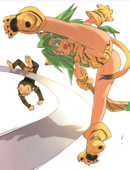 1girl animal_ears animal_hands animal_print ass blade_(galaxist) boomerang bottomless cat_ears cat_tail censored cham_cham convenient_censoring fang gloves green_eyes green_hair loli long_hair monkey no_panties paku_paku paw_gloves paw_shoes queen's_blade queen's_gate samurai_spirits shoes snk spread_legs tail tiger_print weapon