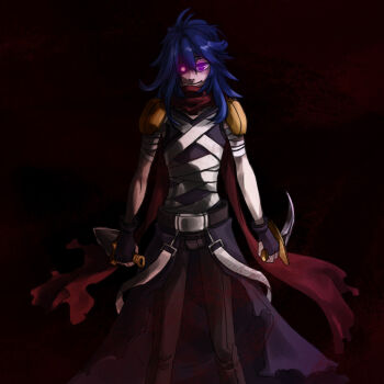 1boy armor assassin_(ragnarok_online) bandages bandages_over_clothes black_background blue_hair cape closed_mouth commentary_request cowboy_shot dagger dual_wielding fingerless_gloves gloves holding holding_dagger holding_knife holding_weapon knife long_hair looking_at_viewer male_focus pants pauldrons purple_cape purple_eyes purple_gloves purple_pants purple_shirt ragnarok_online red_scarf scarf shirt shoulder_armor sleeveless sleeveless_shirt smile solo toriria waist_cape weapon