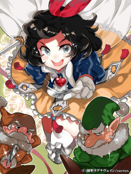 Rule 34 | 1girl, 2boys, axe, bad id, bad pixiv id, black hair, blue eyes, blush stickers, disney, dress, dwarf, facial hair, facing viewer, female focus, gj, gloves, green headwear, hair ribbon, looking at viewer, multiple boys, mustache, original, pointy ears, ribbon, short hair, snow white (fairy tale), snow white (fairy tale character), solo, sword, thighhighs, weapon, white gloves, white thighhighs