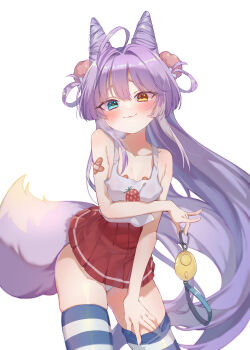 1girl :3 absurdres ahoge bandaid bandaid_on_arm blue_eyes blush breath closed_mouth commentary cone_hair_bun cowboy_shot crossed_bandaids double_bun food_print fox_girl fox_tail fruit_print grey_tank_top hair_bun hair_intakes hair_ornament hair_rings heterochromia highres long_hair microskirt no_bra orange_eyes panties pasties pleated_skirt pom_pom_(clothes) pom_pom_hair_ornament print_tank_top purple_hair raised_inner_eyebrows red_skirt simple_background skirt solo standing stellive strawberry_print striped_clothes striped_thighhighs sw93504479 symbol-only_commentary tail tank_top tenko_shibuki thighhighs underwear very_long_hair virtual_youtuber white_background white_panties
