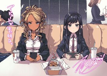 Rule 34 | 2girls, black hair, blazer, blonde hair, breasts, brown eyes, dark-skinned female, dark skin, food, food court de mata ashita, gyaru, highres, holding, jacket, large breasts, long hair, multiple girls, nariie shin'ichirou, necktie, school uniform, shirt, signature, wada (food court), wavy hair, white shirt, yamamoto (food court)