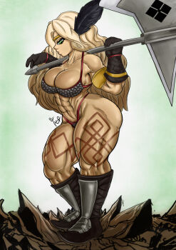 1girl abs alternate_height alternate_size amazon_(dragon's_crown) armor axe bare_shoulders bikini_armor blonde_hair boots breasts broken cleavage_cutout clothing_cutout dragon's_crown feather_hair_ornament female_focus floor gloves gold green_eyes hair_ornament highres holding holding_axe looking_at_viewer looking_down medium_breasts muscular muscular_arms muscular_female muscular_legs shortstack solo tan tattoo thick_thighs thighs threatening