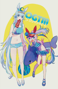 2girls ahoge alternate_hairstyle bikini blue_bikini blue_eyes bracelet breasts eating english_text fang flat_chest food frilled_bikini frills fruit full_body grey_background grey_hair highres horse_girl horse_tail ikayaki inflatable_toy jewelry long_hair looking_at_another looking_at_viewer multiple_girls nara_123 navel oguri_cap_(umamusume) outstretched_arm ponytail sandals skewer small_breasts smile squid standing swimsuit tail tamamo_cross_(umamusume) umamusume v v-shaped_eyebrows visor_cap watermelon