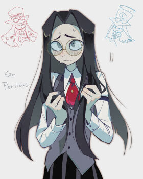 3boys black_hair black_pants blunt_ends blush brown-framed_eyewear brown_outline buttons character_name closed_mouth collared_shirt commentary_request cowboy_shot cross-eyed curtained_hair fewer_digits film_grain forehead frion622 frown glasses grey_background grey_eyes grey_pants grey_vest halo hands_up hazbin_hotel hellaverse highres holding holding_own_hair long_hair long_sidelocks long_sleeves male_focus multiple_boys multiple_persona necktie outline pants raised_inner_eyebrows red_necktie round_eyewear shirt sidelocks simple_background sir_pentious sir_pentious_(angel) sir_pentious_(human) solo_focus standing straight_hair striped_clothes striped_pants sweat two-tone_pants vertical-striped_clothes vertical-striped_pants very_long_hair vest white_shirt