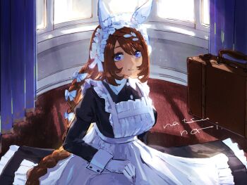 1girl animal_ears apron black_dress blue_bow blue_eyes blush bow braid breasts brown_hair closed_mouth commentary_request dress ear_covers frilled_headband gloves hair_between_eyes hair_bow highres horse_ears horse_girl large_breasts long_hair long_sleeves looking_at_viewer maid maid_apron maid_headdress multicolored_hair natsunori sleeve_cuffs smile solo streaked_hair super_creek_(umamusume) umamusume very_long_hair white_apron white_gloves white_hair white_headdress