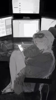 1girl absurdres bare_legs barefoot braid chair computer from_side greyscale hair_between_eyes highres hugging_object koume_5656 long_hair looking_at_viewer monitor monochrome on_chair original phone pillow pillow_hug sitting sleep_mask solo