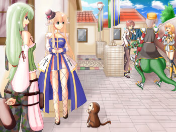 1girl 2000s_(style) 2boys 3girls arch_bishop_(ragnarok_online) banner black_gloves blonde_hair blue_dress blue_sky breasts brown_hat brown_shoes camouflage camouflage_shorts cape city cleavage_cutout clothing_cutout cloud commentary_request cross cross_print detached_sleeves dress ferus_(ragnarok_online) fishnet_thighhighs fishnets full_body gloves green_eyes green_hair green_shorts green_tube_top grey_cape grey_hair grey_pants hat in-universe_location jumpsuit kaisu lamppost long_hair long_sleeves looking_afar mechanic_(ragnarok_online) medium_breasts mini_hat mini_top_hat monkey multiple_boys multiple_girls no_panties official_alternate_costume outdoors pants pink_hair prototype_design quiver ragnarok_online ranger_(ragnarok_online) red_shirt riding_dragon rune_knight_(ragnarok_online) sash shirt shoes shorts sky solo standing strapless thighhighs top_hat tree tube_top two-tone_dress warlock_(ragnarok_online) white_dress white_jumpsuit white_sleeves white_thighhighs yellow_sash