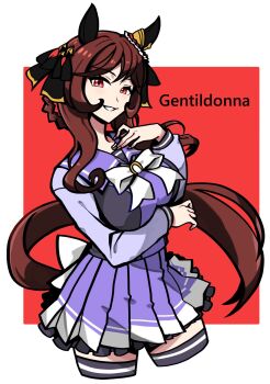 1girl animal_ears bow bowtie braid braided_hair_rings breasts brown_hair commentary_request ear_covers ear_ornament gentildonna_(umamusume) hair_between_eyes hair_ornament hair_rings heart-shaped_ornament heart_ear_ornament highres horse_ears horse_girl horse_tail large_breasts long_hair looking_at_viewer nagidori open_mouth pleated_skirt purple_sailor_collar purple_serafuku purple_shirt purple_skirt purple_thighhighs red_eyes sailor_collar sailor_shirt school_uniform serafuku shirt skirt smile solo tail thighhighs tracen_school_uniform umamusume white_bow white_bowtie