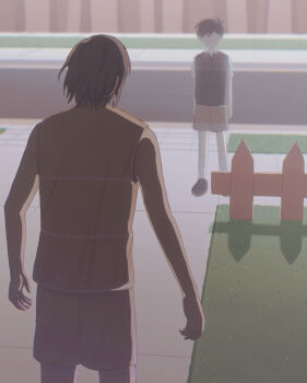 Rule 34 | 2boys, absurdres, antenna hair, arms at sides, backlighting, bare arms, black hair, black shoes, black sweater vest, brown hair, brown shorts, bskrf vc, chromatic aberration, collared shirt, commentary request, cowboy shot, dark-skinned male, dark skin, day, face-to-face, faceless, faceless male, fence, film grain, from behind, full body, grass, hair behind ear, highres, kel (faraway) (omori), kel (omori), kneehighs, loafers, looking at another, male focus, multiple boys, omori, orange shorts, orange tank top, outdoors, road, shirt, shoes, short hair, short sleeves, shorts, sidewalk, socks, standing, sunny (omori), sweater vest, tank top, very short hair, white shirt, white socks, wooden fence