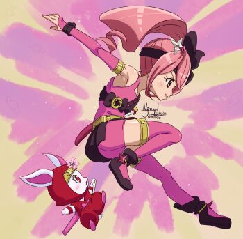 Rule 34 | 2girls, animal ears, animal nose, armpits, artist name, ass, blush, bow, dated, flat chest, full body, gem, highres, japanese clothes, jewelpet (series), jewelpet kira deco!, jewelry, multiple girls, nanaeljustice, ninja, oomiya pink, open mouth, pink eyes, pink hair, ponytail, rabbit, red eyes, ruby (jewelpet), sanrio, shuriken, simple background, smile, sword, tail, thick thighs, thighs, weapon, white fur